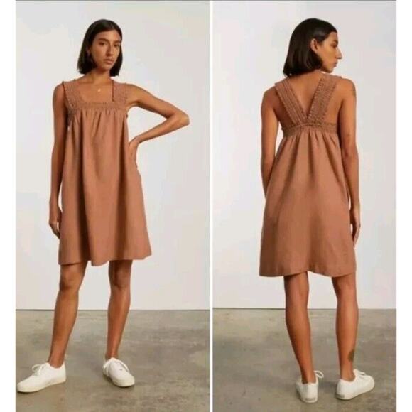 Everlane Linen Smocked Brown Dress XS Tawney Brown - Picture 1 of 12